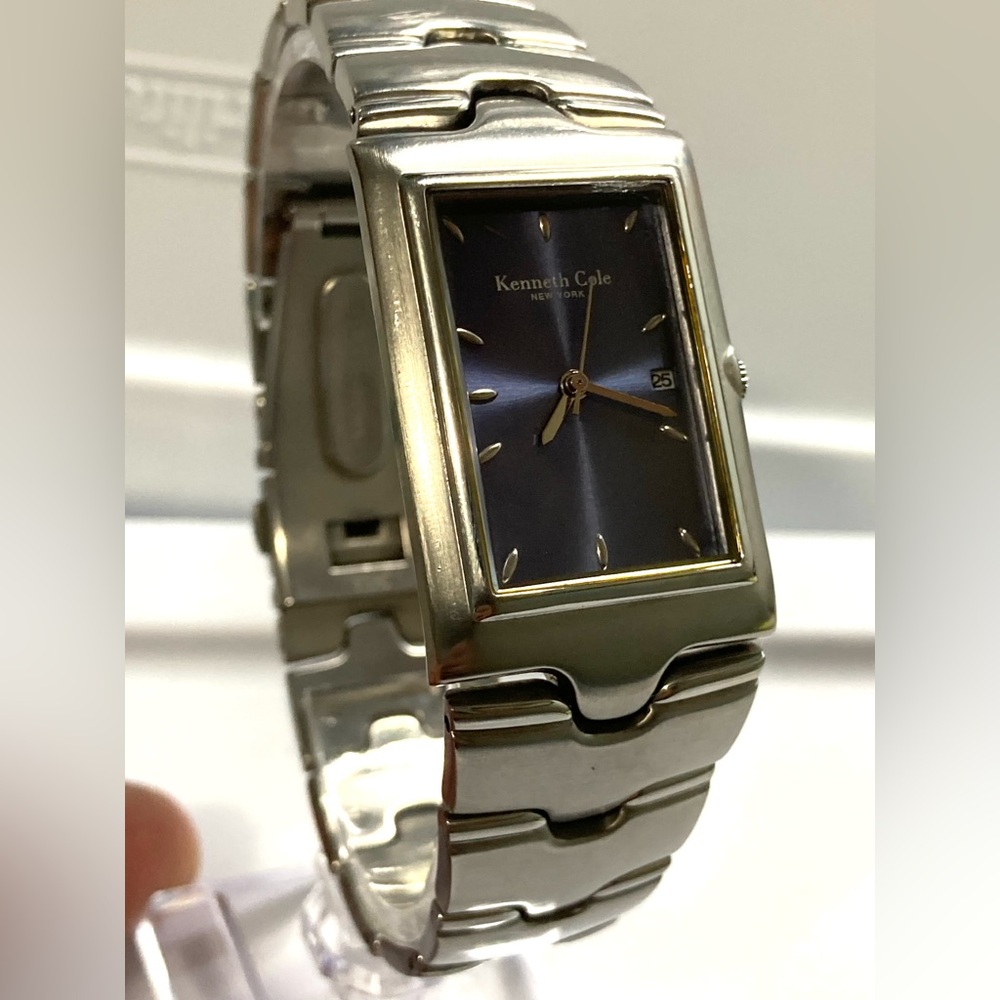 Kenneth Cole Tank Watch, Silver with blue dial, Date, new battery, KC3244